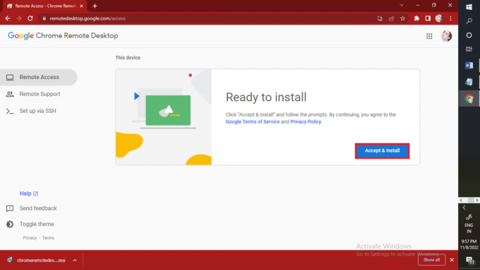 Щракнете върху Приеми и инсталирай, за да инсталирате разширението на приложението Google Remote Desktop. | Какво е код за отдалечен достъп?