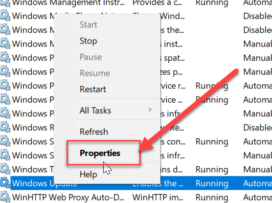 Faceți clic dreapta pe Actualizări Windows și selectați Proprietăți din meniul contextual