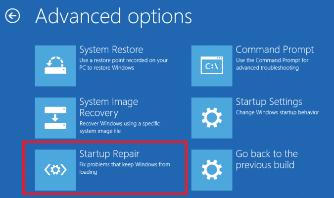 Klicken Sie unter Erweiterte Optionen auf Starthilfe | Fix Yellow Screen of Death Error in Windows 10