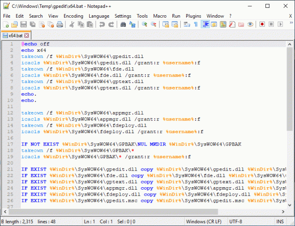 В Notepad ще намерите 6 реда низове, съдържащи следното %username%f