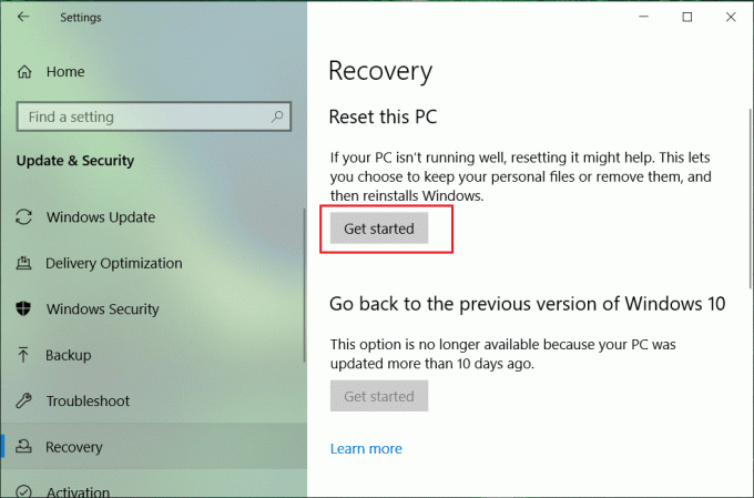 Pilih Pemulihan dan klik Mulai di bawah Atur Ulang PC ini Pilih Pemulihan dan klik Mulai di bawah Atur Ulang PC ini