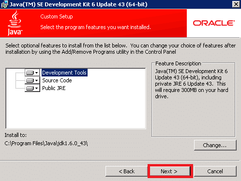 Instalador do oráculo de configuração do Java JDK