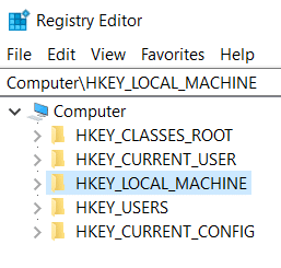 Изберете HKEY_LOCAL_MACHINE и щракнете върху него, за да отворите | Деактивирайте SuperFetch в Windows 10