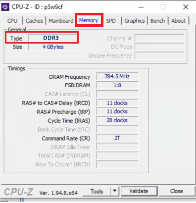 spécifications de ram sous l'onglet mémoire dans l'application CPUZ | Vérifiez si votre type de RAM est DDR3 ou DDR4 dans Windows 10