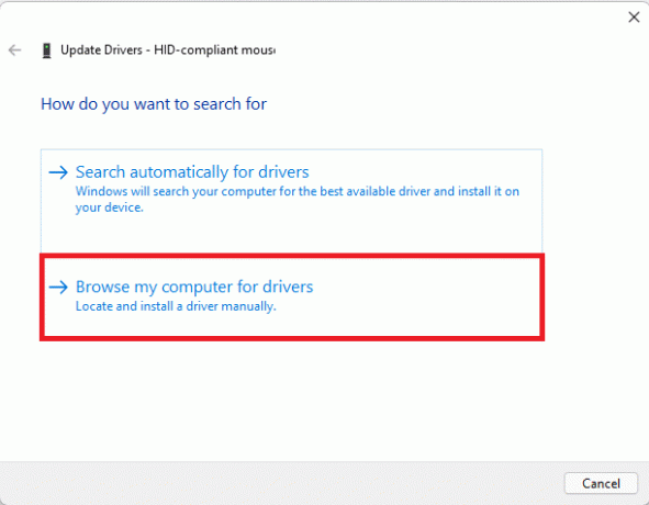 Välj Bläddra på min dator efter drivrutiner i Update Drive Wizard Windows 11