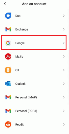 Listeden Google seçeneğine dokunun | Android'de Google Play Hata Kodu 495'i Düzeltin
