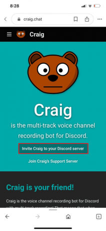 עבור לאתר Craig Bot ולחץ על Invite Craig to your Discord Server | כיצד להקליט שיחות דיסקורד באייפון