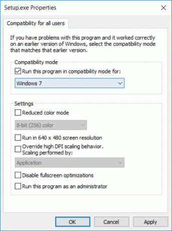 Asigurați-vă că bifați Rulați acest program în modul de compatibilitate și selectați Windows 7