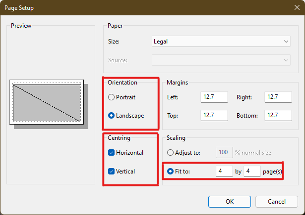 Juster og bekræft sektionerne Orientering og Centrering i henhold til din præference for outputbillede. Indtast det antal sider, der kræves for, at billedet kan opdeles i indstillingsboksen Tilpas til under sektionen Skalering. Som vist nedenfor, hvis billedet skal opdeles i 16 separate billeder, skal du skrive 4 gange 4 side(r) i felterne. hvordan man udskriver store billeder på flere sider Windows 11