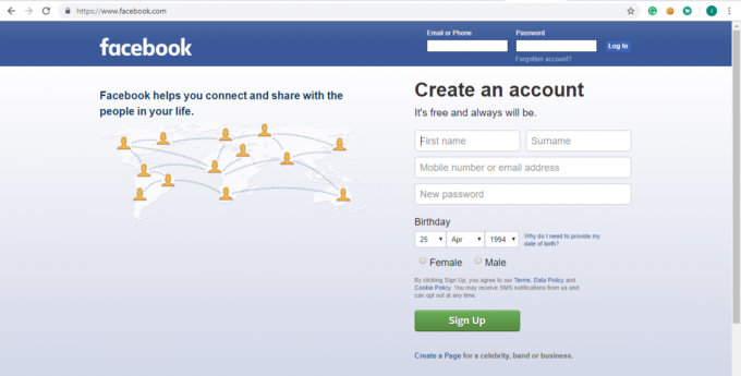 Öppna Facebook genom att använda länken facebook.com. Sidan som visas nedan öppnas
