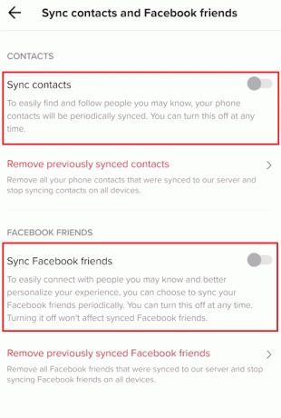Ative as alternâncias para Sincronizar contatos e Sincronizar opções de amigos do Facebook TikTok