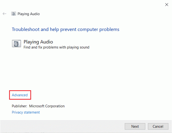 לחץ על האפשרות מתקדמת בפותר בעיות שמע. תקן שמע זום לא עובד Windows 10