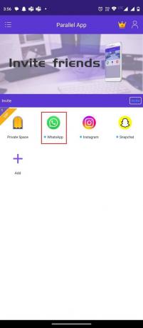 Åpne appen og velg WhatsApp for å opprette en parallell plass for den andre kontoen 