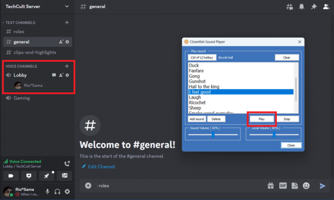 Поверніться до Discord, приєднайтеся до голосового каналу, виберіть потрібний звук і натисніть кнопку відтворення у вікні деки Clownfish. 