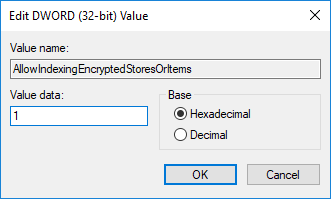 Povolte nebo zakažte indexování šifrovaných souborů v Editoru registru