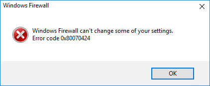 Pataisyti „Windows“ užkarda negali pakeisti kai kurių nustatymų klaidos 0x80070424
