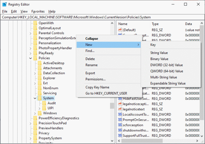 Тепер клацніть правою кнопкою миші на порожньому екрані та натисніть Створити, щоб створити нове значення DWORD з назвою LocalAccountTokenFilterPolicy, якщо у вас є 32-розрядна операційна система Windows, і якщо у вас 64-розрядна система, вам потрібно створити нове значення QWORD під назвою LocalAccountTokenFilterPolicy.