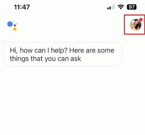 შეეხეთ თქვენი პროფილის სურათს ან ინიციალს ზედა მარჯვენა კუთხეში, რასაც მოჰყვება ასისტენტის პარამეტრები | როგორ შევცვალოთ Google Assistant Voice JARVIS-ზე