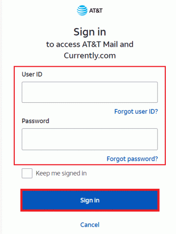 შეიყვანეთ თქვენი მომხმარებლის ID პაროლით და დააჭირეთ შესვლა | სად არის ჩემი AT&T net ელ.ფოსტის ანგარიში