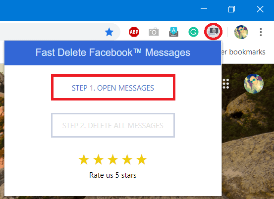 klik op het Facebook Fast Delete Messages-extensiepictogram en klik vervolgens op open berichten