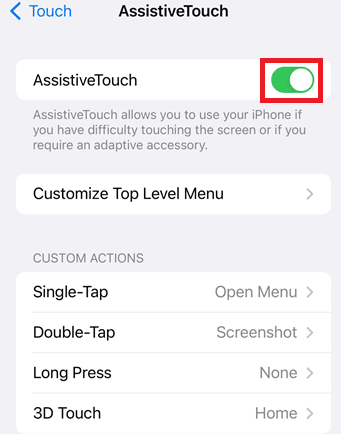 Schalten Sie den Schalter für die Option „Assistive Touch“ ein