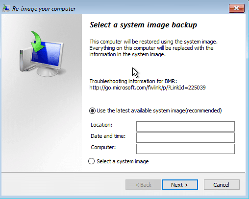 コンピュータ画面の再イメージ化チェックマークで利用可能な最新のシステムイメージを使用し、[次へ]をクリックします