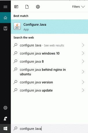 検索バーを使用してJavaを検索し、「Javaの構成」を開きます。