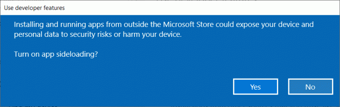 Noklikšķiniet uz Jā, lai jūsu sistēma varētu lejupielādēt programmas ārpus Windows veikala