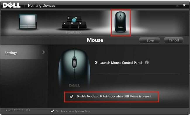 მონიშვნა გამორთეთ სენსორული პანელი, როდესაც USB მაუსი არსებობს