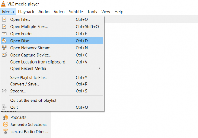 Izvēlnē VLC Player noklikšķiniet uz Media, pēc tam atlasiet Atvērt disku