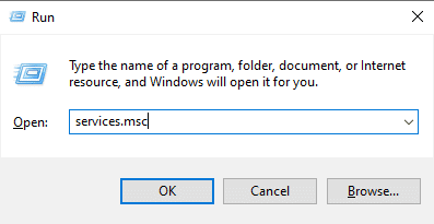 Vykdymo dialogo lange įveskite services.msc. Ištaisykite klaidos kodą 490 01010004 sistemoje „Windows 10“.