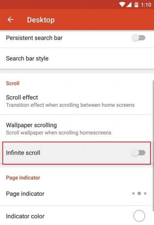 Desative o botão do recurso de rolagem infinita | Ativar Google Feed no Nova Launcher