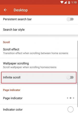 Disattiva l'interruttore per la funzione di scorrimento infinito | Abilita Google Feed in Nova Launcher