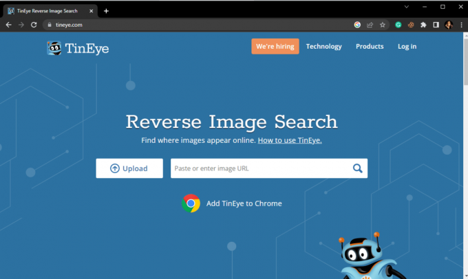 TinEye の公式 Web サイトにアクセスします。 リバース スキャマーの画像検索を実行する方法