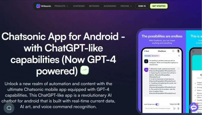 Web stranica aplikacije ChatSonic za Android