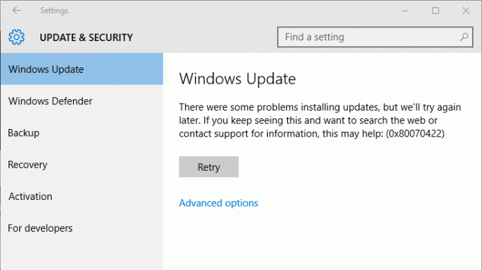 Fixa Windows 10 Update Error 0x80070422