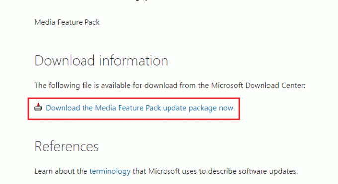 scorrere verso il basso la schermata principale e selezionare il collegamento Scarica il pacchetto di aggiornamento Media Feature Pack ora