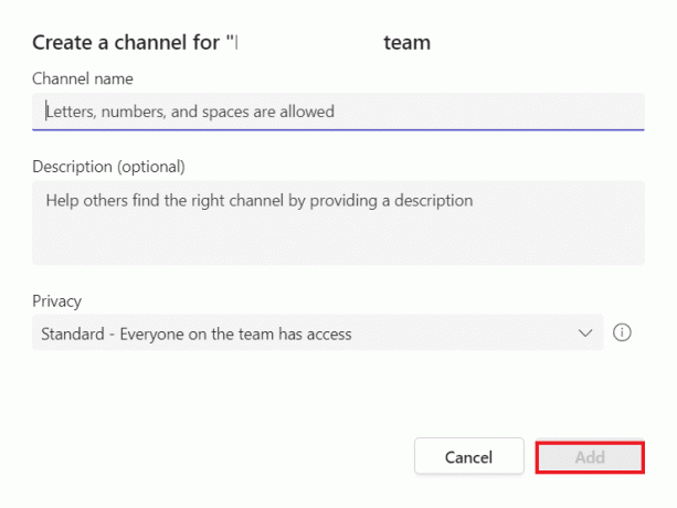 klik på Tilføj for at oprette en standardkanal. Sådan opretter du kanal i teams