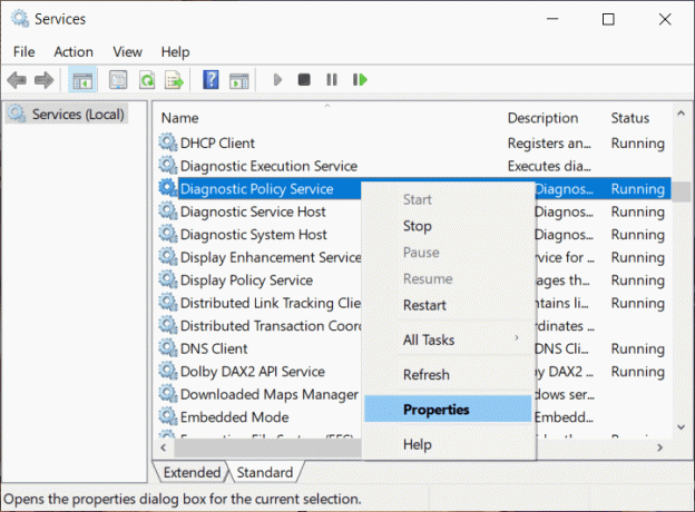 Haga clic con el botón derecho en Diagnostics Policy Service y seleccione Propiedades