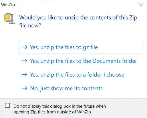 Pasirinkite vietą, kurioje turi būti išskleisti failai. Kaip atidaryti GZ failą „Windows 10“.