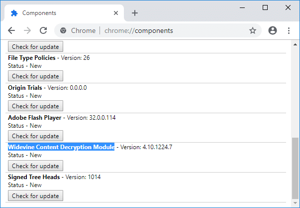 Siirry Chromessa kohtaan Komponentit ja etsi sitten Widevine Content Decryption Module