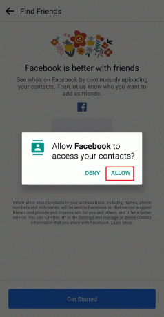 Tryck på TILLÅT från popup-fönstret för att ge Facebook-åtkomst till dina kontakter | Hur man söker på Facebook efter telefonnummer