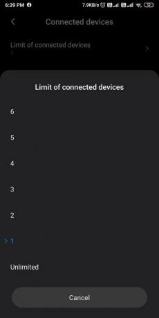 toque em Limite de dispositivos conectados para verificar o número de dispositivos permitidos para acessar seu hotspot móvel.