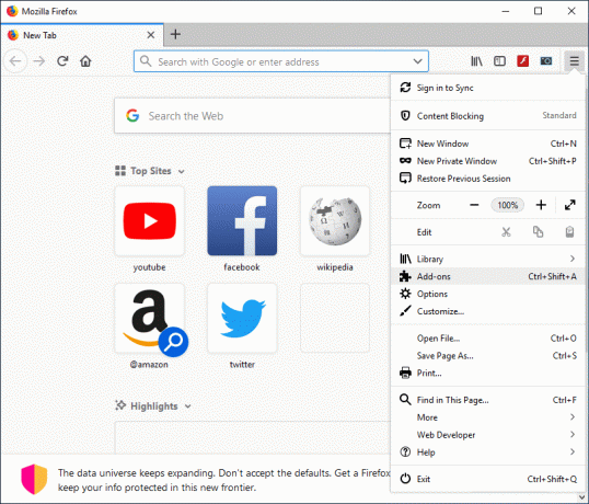 „Mozilla“ spustelėkite „Nustatymai“, tada pasirinkite Priedai | Pasiekite mobiliąsias svetaines naudodami darbalaukio naršyklę (PC)