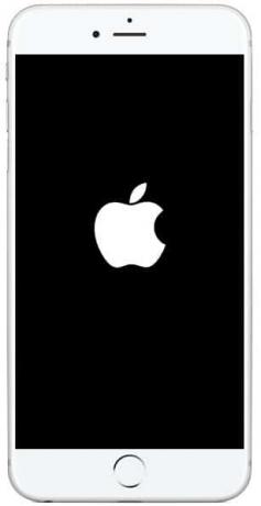 Ilgai paspauskite pradžios mygtuką, kol pasirodys Apple logotipas. Kodėl mano „iPhone“ užšalo ir neišsijungia arba neišsijungia iš naujo