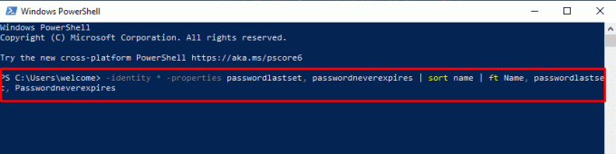 použite nasledujúci skript PowerShell na identifikáciu používateľského profilu. -identity * -vlastnosti passwordlastset, password neverexpires | triediť názov | ft Meno, posledné nastavenie hesla, platnosť hesla nikdy nevyprší
