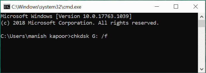 명령 프롬프트 창에 " chkdsk G: f"(따옴표 제외) 명령을 입력하거나 복사하여 붙여넣고 Enter 키를 누릅니다.