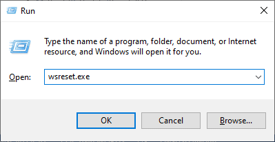 typ wsreset.exe en druk op Enter | Microsoft store-fout 0x80073CFB