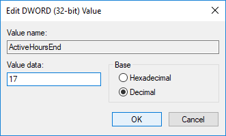 Dobbeltklik på ActiveHoursEnd DWORD og skift dens værdi | Sådan ændres aktive timer til Windows 10-opdatering