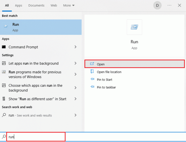 otvorte dialógové okno spustenia z vyhľadávacieho panela systému Windows